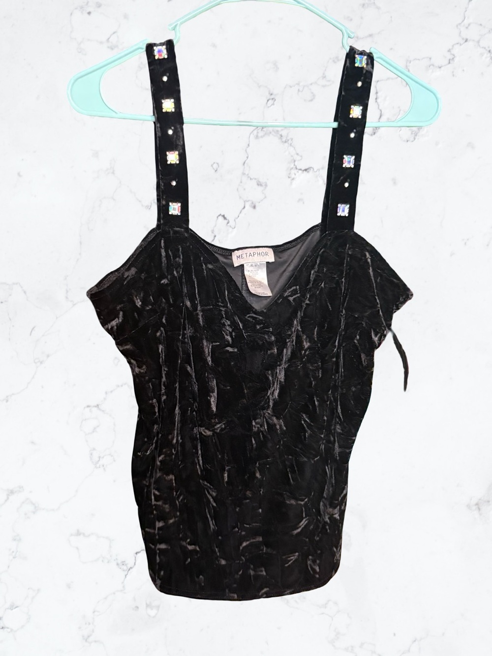 Metaphor Vintage Crushed Velvet Black Jewel-Strap Women's Top